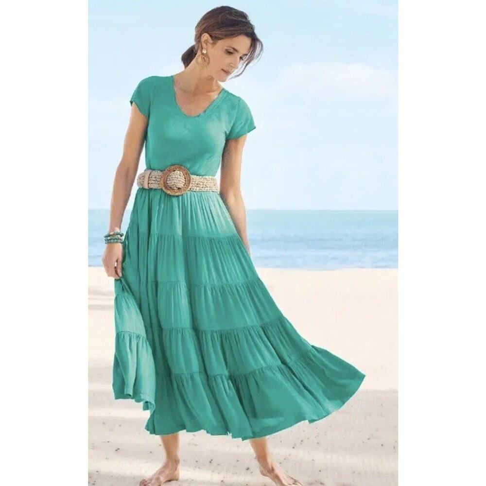 Soft Surroundings Kara Women's Tiered Maxi Dress size small teal